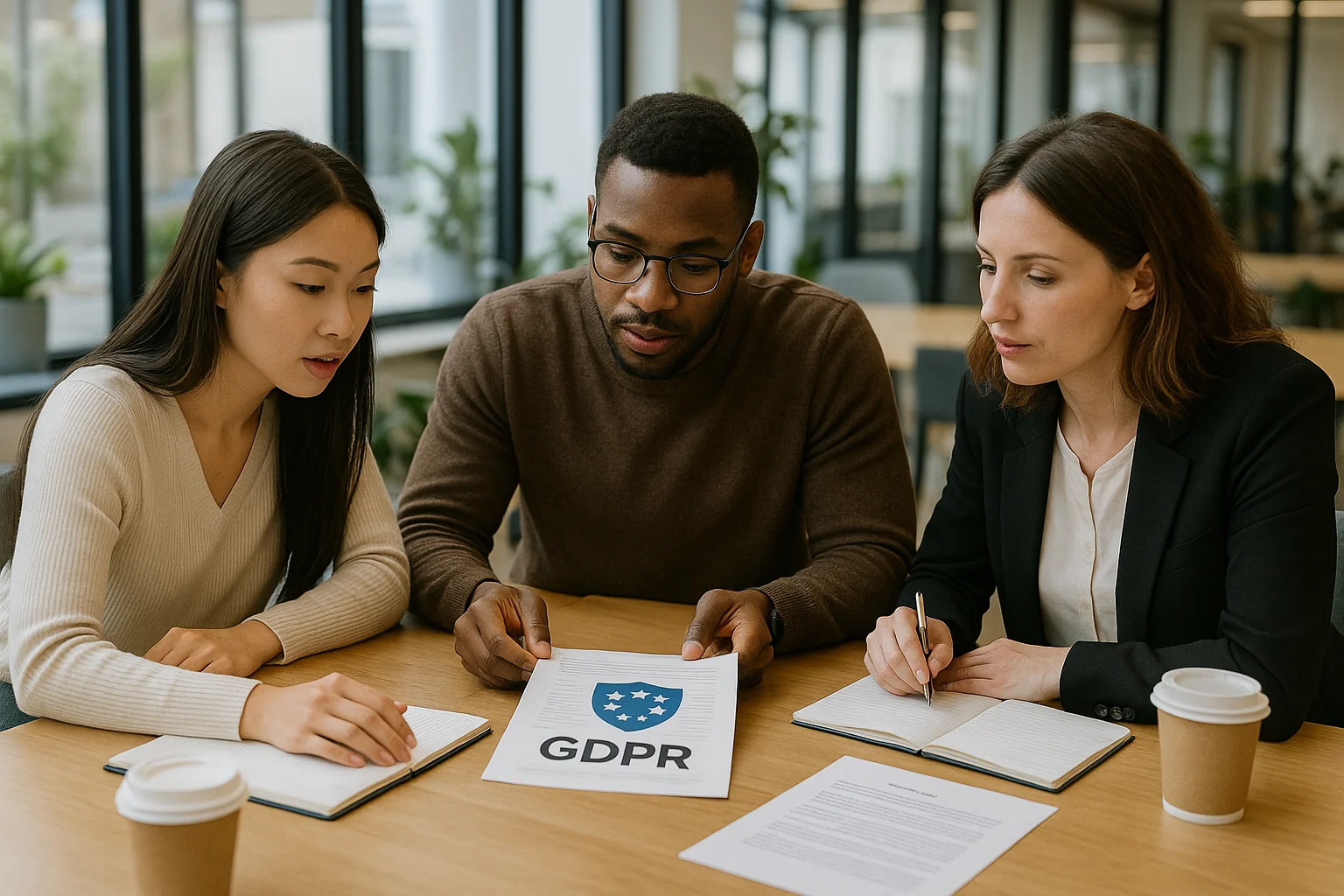 A diverse team discusses GDPR compliance in a bright co-working space with natural light.