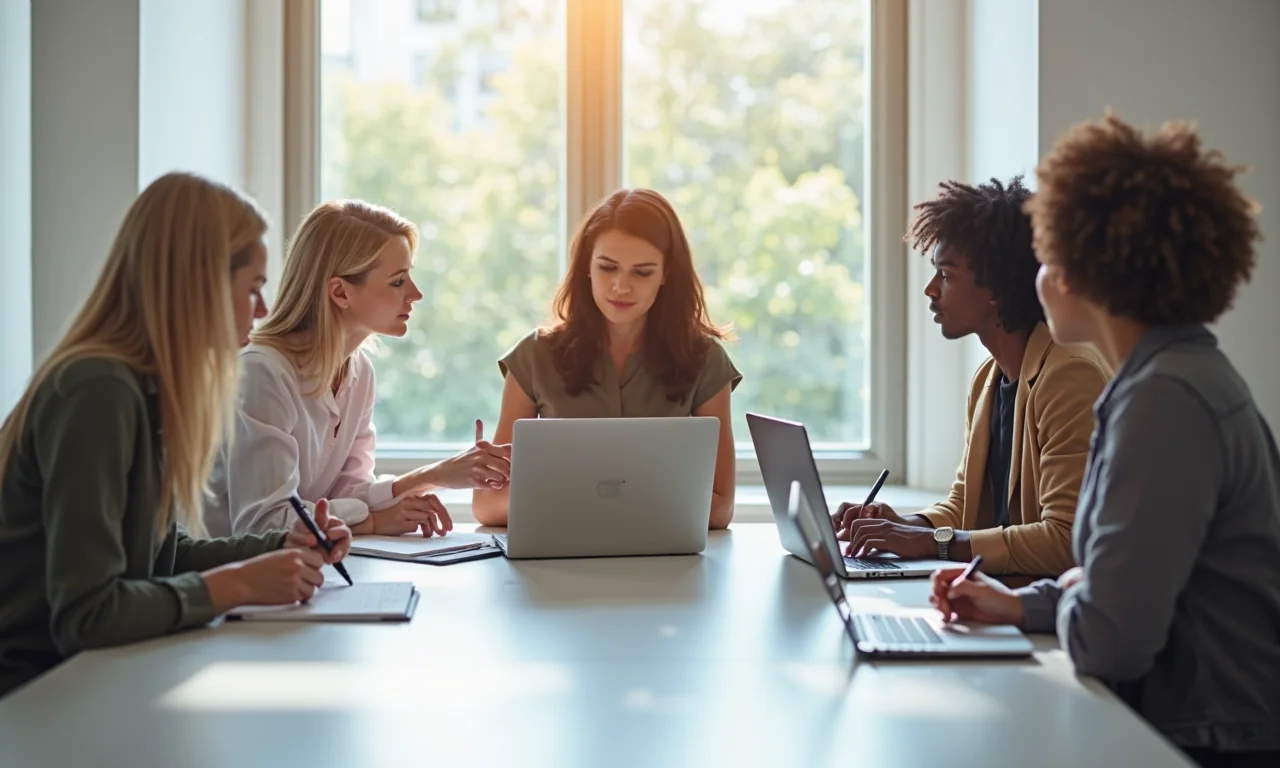 A diverse team collaborates at a conference table in a bright, modern office setting.