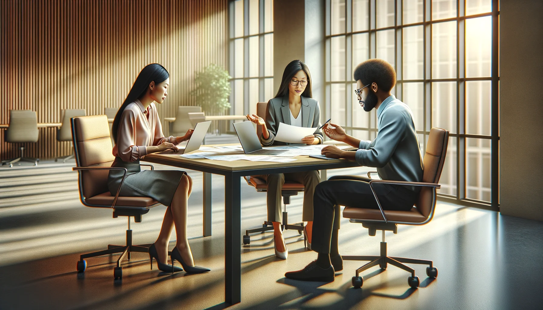 Sebuah tim profesional yang beragam berkolaborasi di lingkungan kantor yang terang, mendiskusikan solusi cadangan e-commerce.