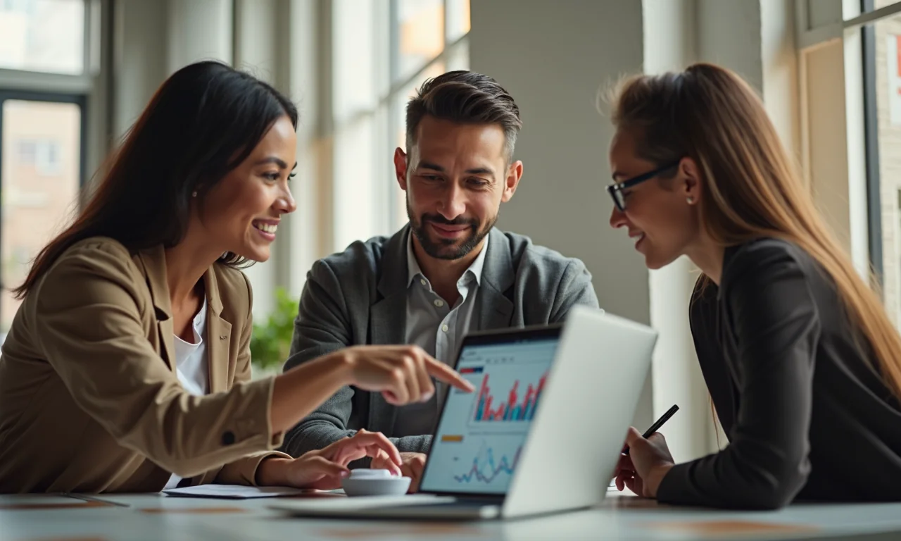 Isang magkakaibang koponan na nagtatalakay ng mga estratehiya sa e-commerce sa isang modernong co-working space na may natural na liwanag.