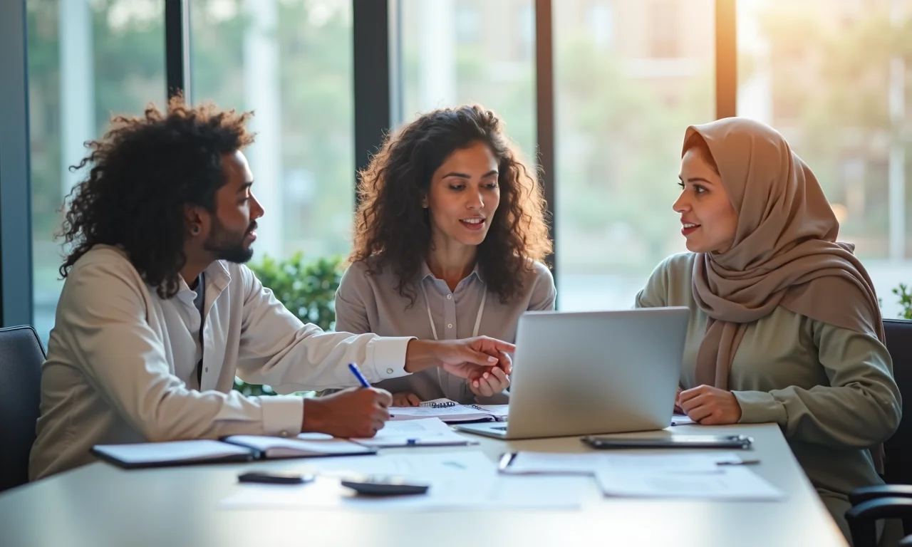 Un equipo diverso de profesionales colabora en la traducción de comercio electrónico en un entorno de oficina moderno.