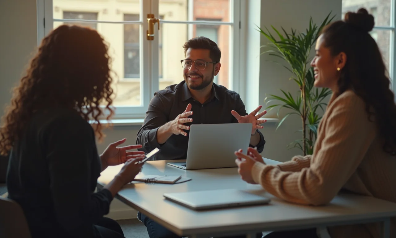 Ett mångsidigt team samarbetar i en solig coworking-yta och diskuterar strategier för livechatthantering.