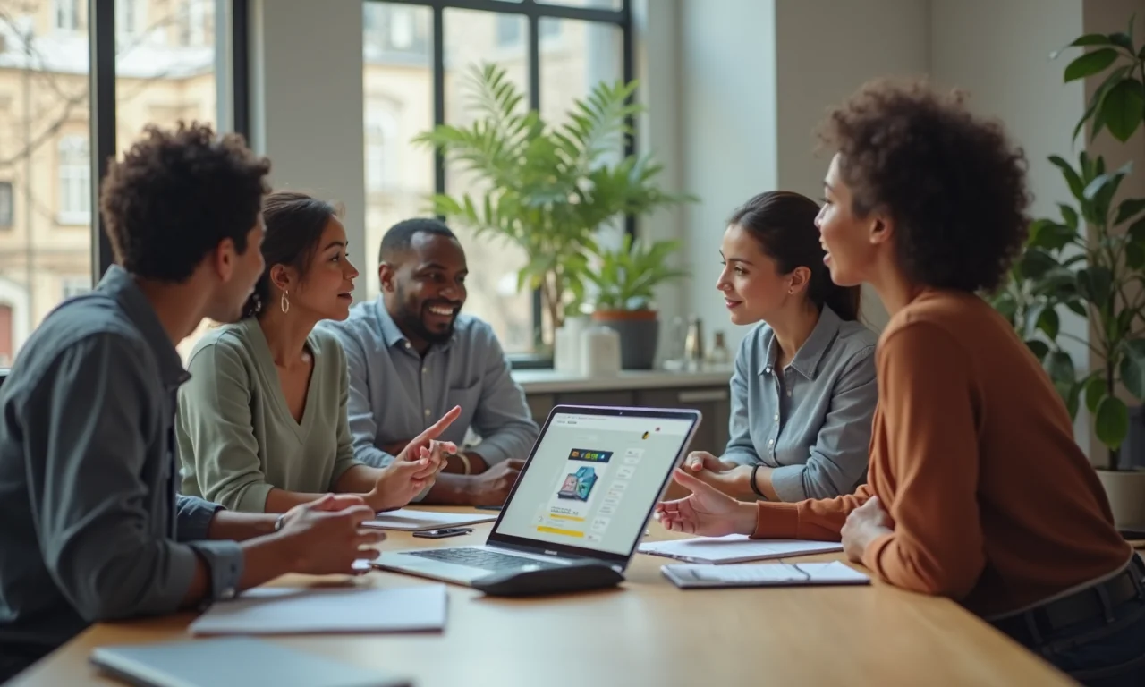 A diverse team discusses image optimization strategies in a bright co-working space.
