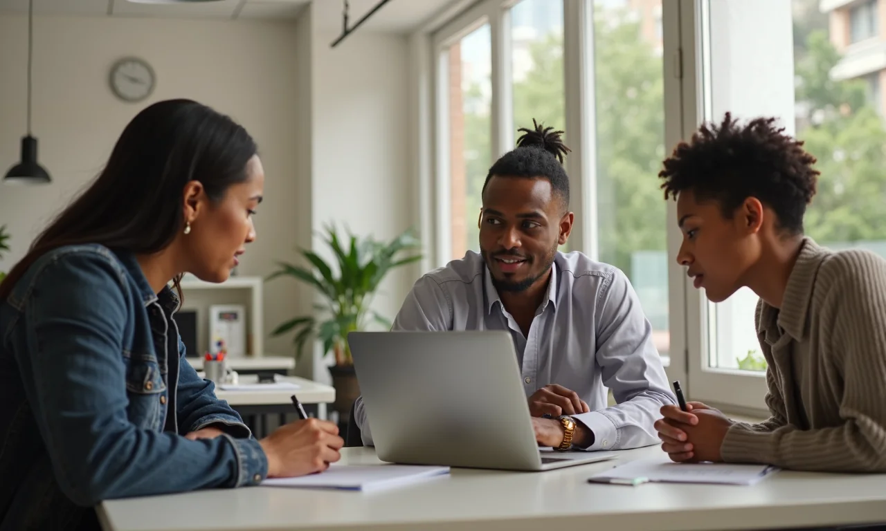 Three diverse professionals collaborating on automated backup setup in a bright co-working space.