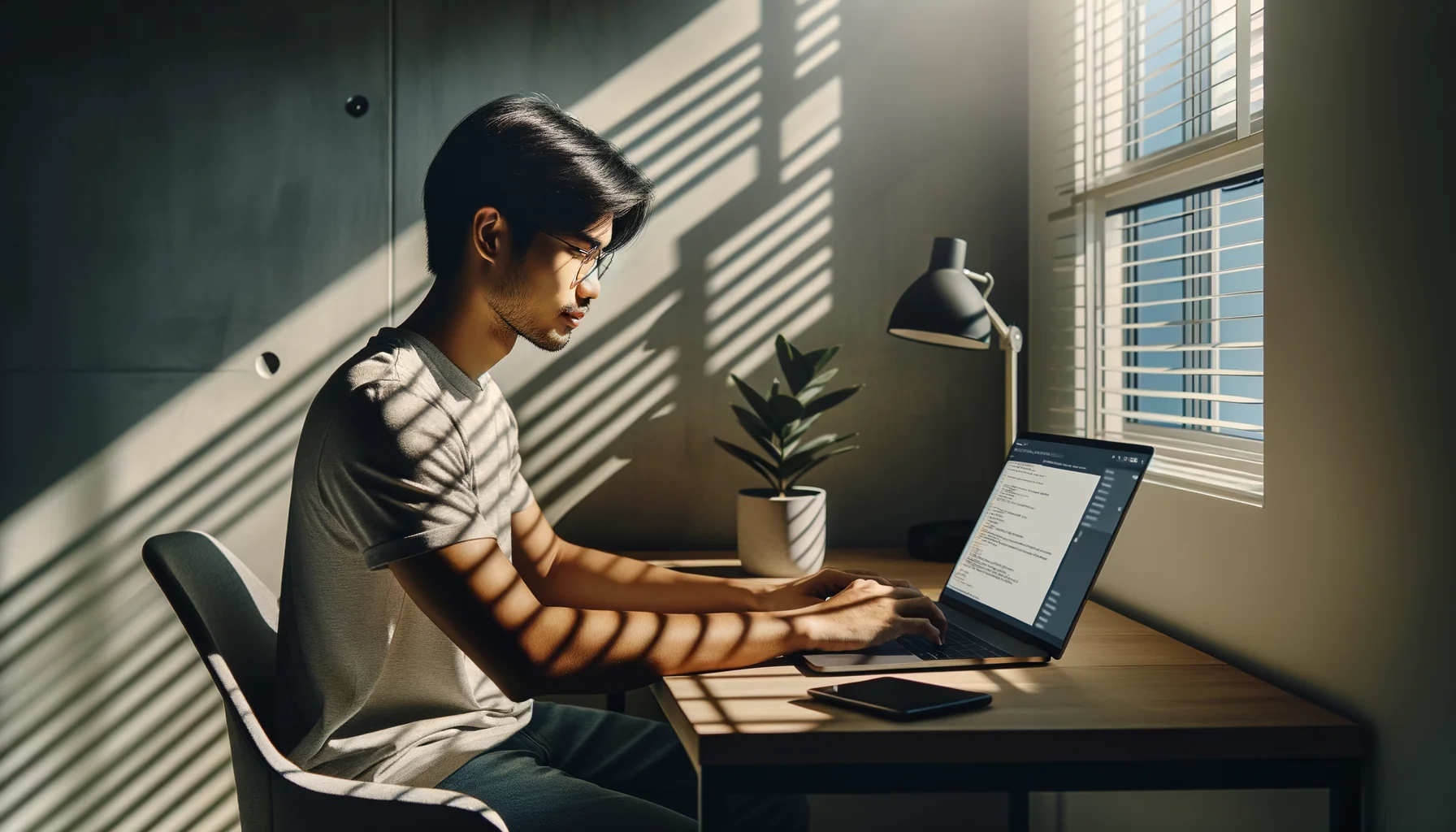 یک توسعه‌دهنده جوان پشت میز خانه، از Jetweb Translate روی لپ‌تاپش استفاده می‌کند و غرق در نور طبیعی خورشید است.