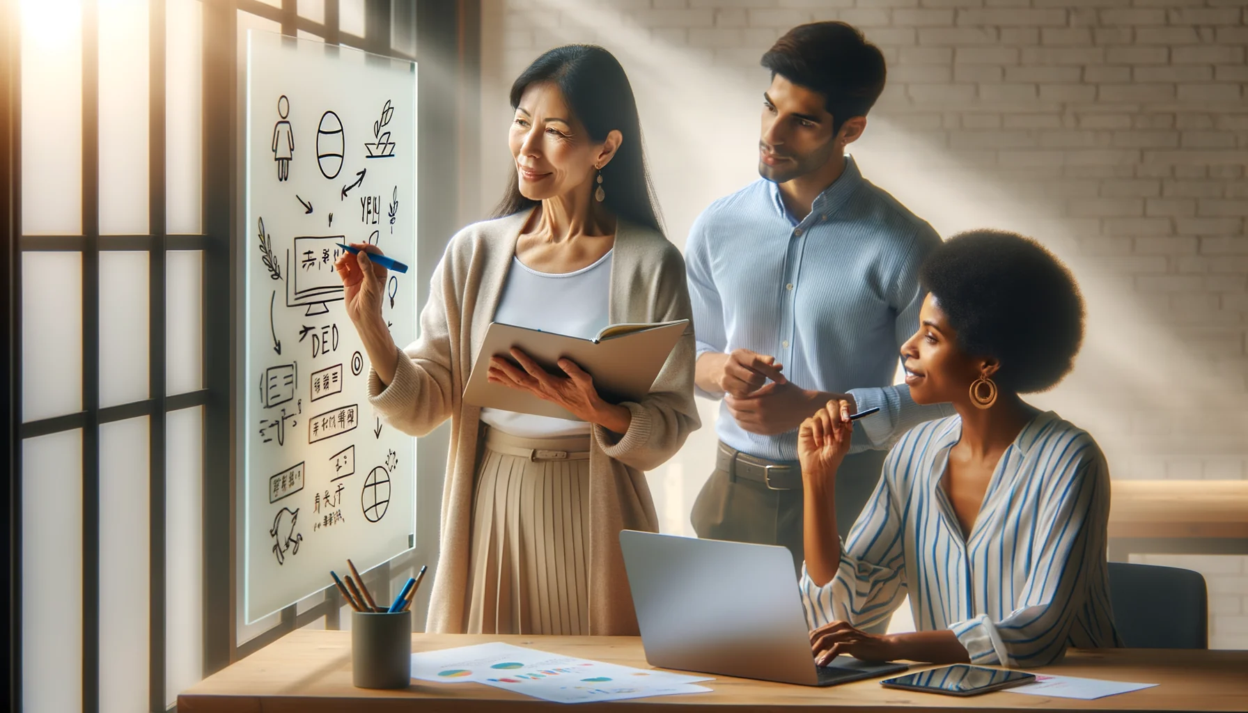 یک تیم متنوع در یک فضای کار اشتراکی مدرن همکاری میکنند و با استفاده از تخته سفید و لپتاپ ایدهپردازی میکنند.