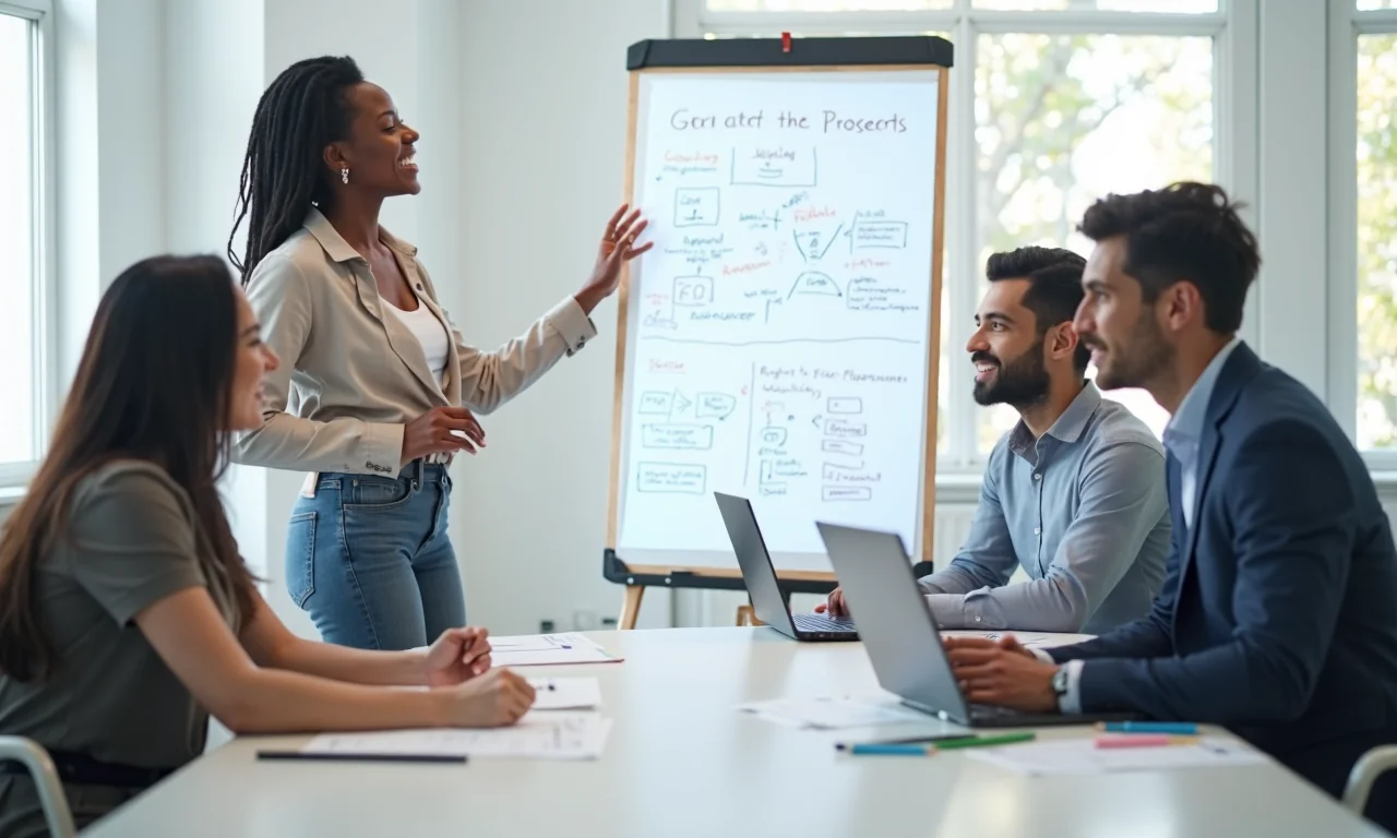 A diverse team collaborates in a bright office, brainstorming marketing strategies around a conference table.