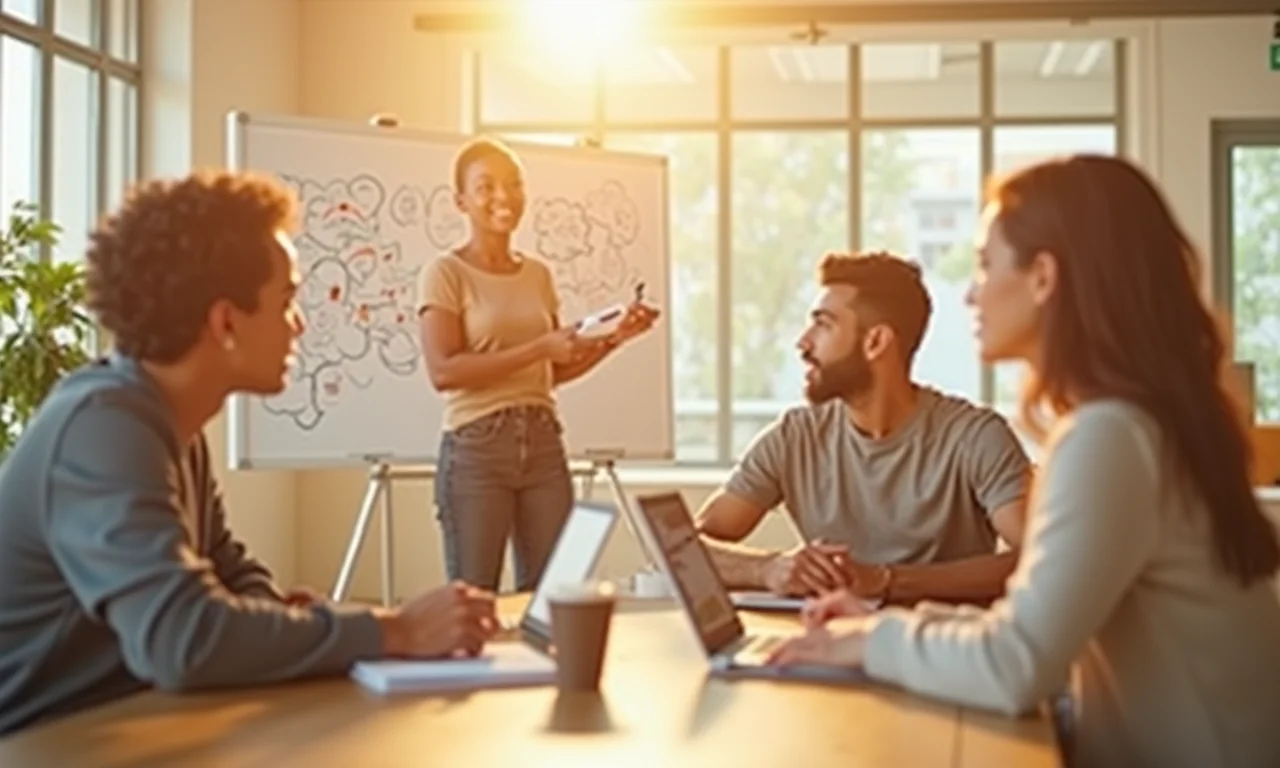 Iba't ibang propesyonal na nagtutulungan sa isang maliwanag na co-working space, nag-brainstorm ng mga multilingual na estratehiya para sa e-commerce.