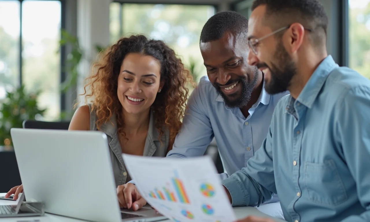 A diverse team collaborates over a laptop in a bright office, discussing website performance metrics.