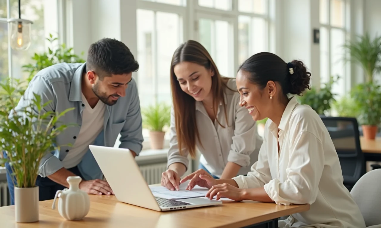 Diverse professionals die samenwerken in een zonnige co-workingruimte, terwijl ze vertaalstandaarden bespreken.