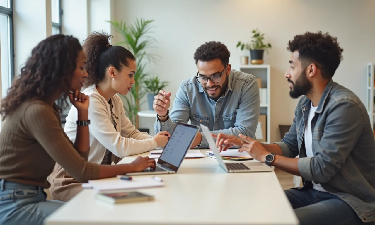 Isang magkakaibang koponan ang nagtutulungan sa isang co-working space, nakatuon sa mga tool para sa cookie consent at mga regulasyon ng EU AI.