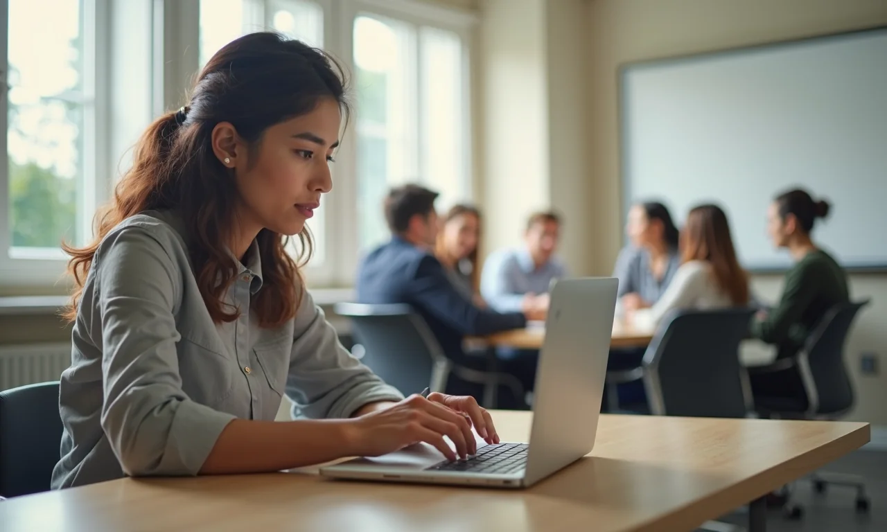 Isang developer ang nag-aadjust ng cookie guard settings sa isang modernong desk, kasama ang isang team na nagtutulungan sa background.