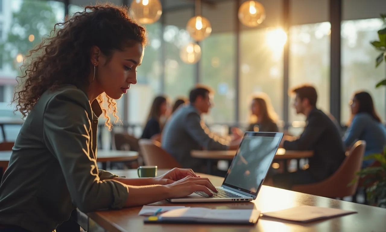 A young woman configures cookie guard on her laptop at a cafe, with a diverse team in the background.