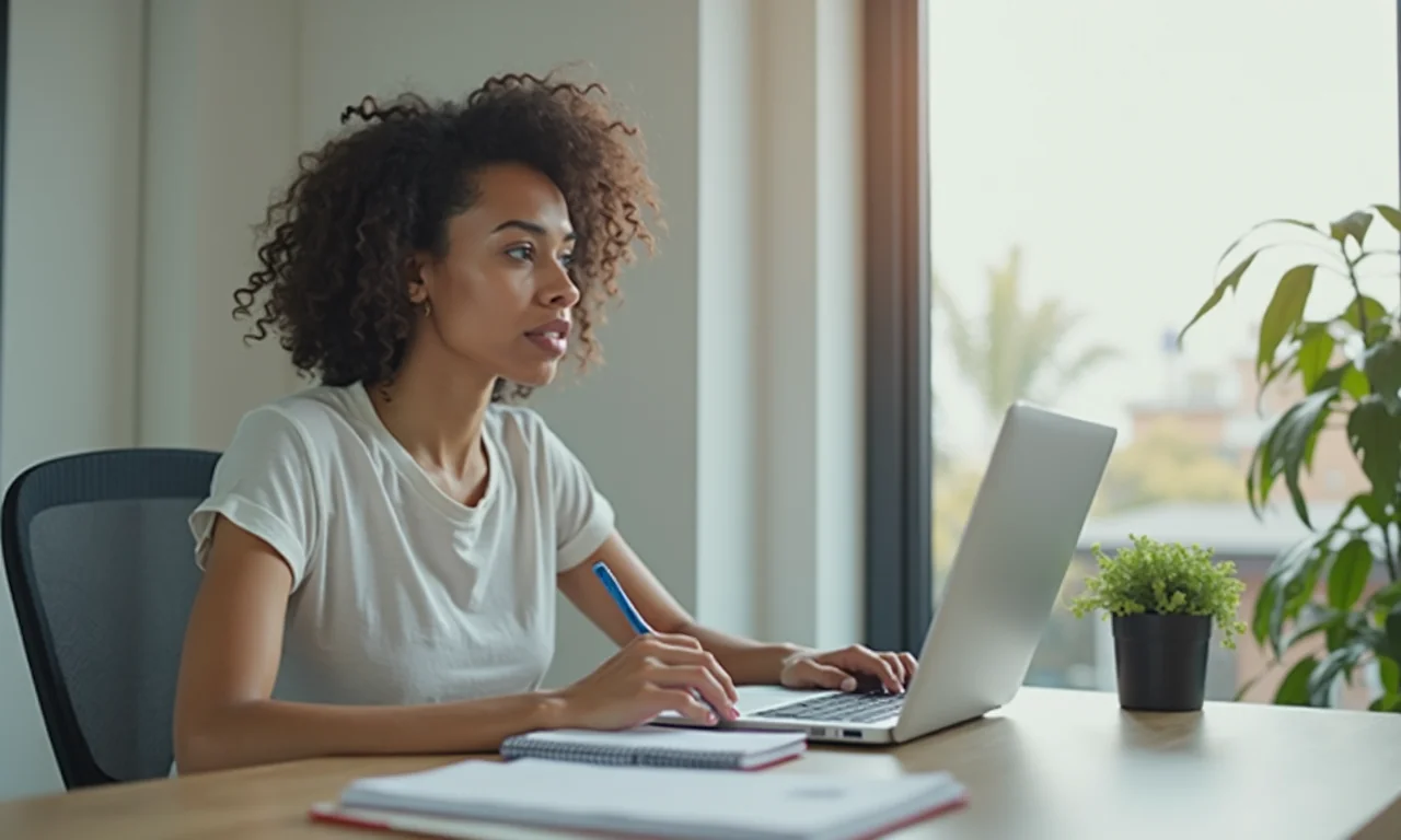 Een vrouw bezig met een videogesprek aan haar bureau, gericht op het verbeteren van livechat-prestatieproblemen.