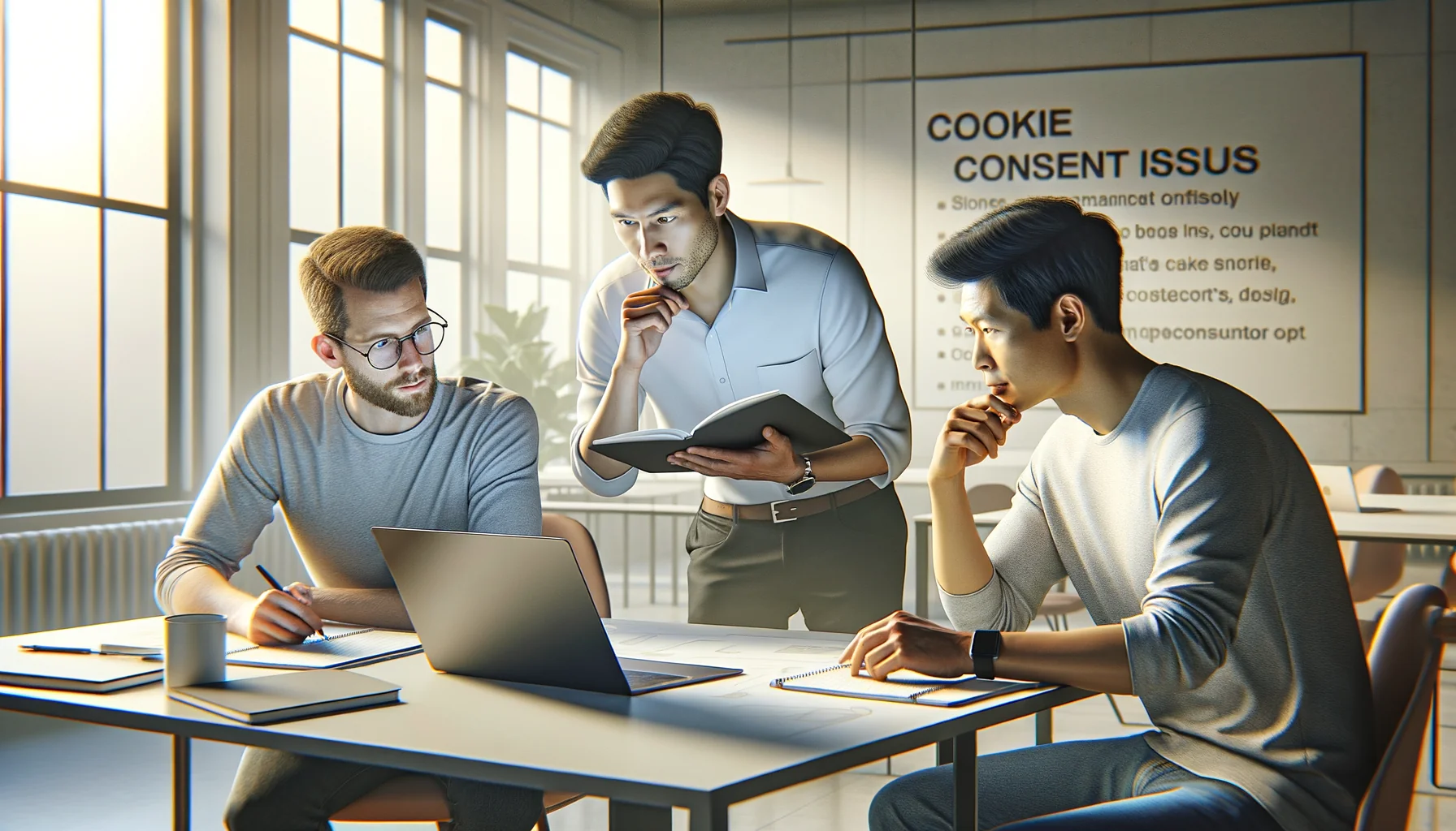 Sebuah tim pengembang yang beragam sedang berdiskusi tentang masalah persetujuan cookie di ruang kerja bersama modern.
