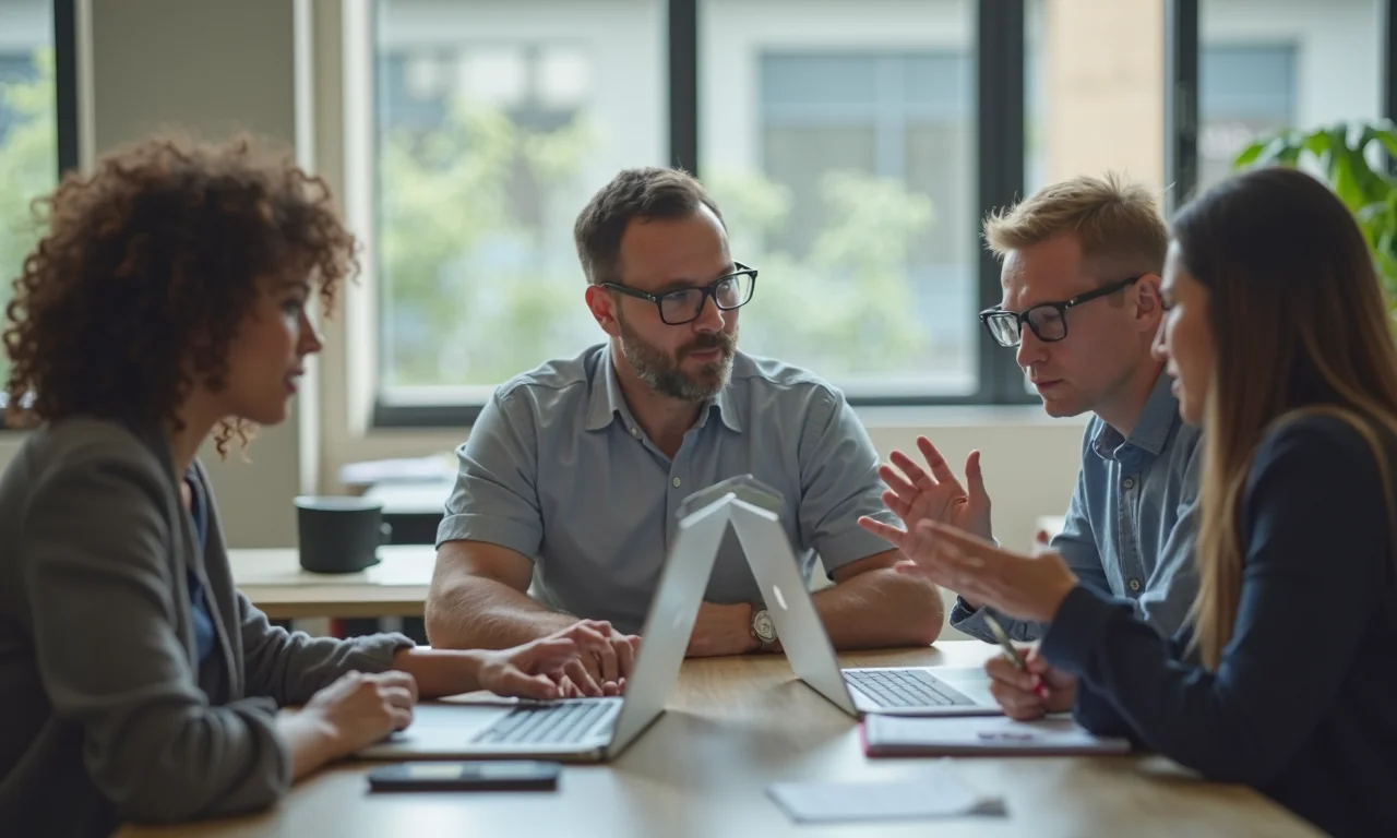 A diverse team collaborates in a bright co-working space, discussing web optimization strategies around a laptop.