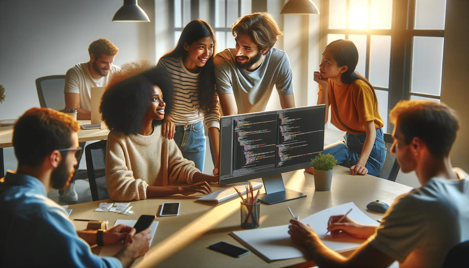 A diverse team of developers collaborates in a bright coworking space, discussing image optimization standards.