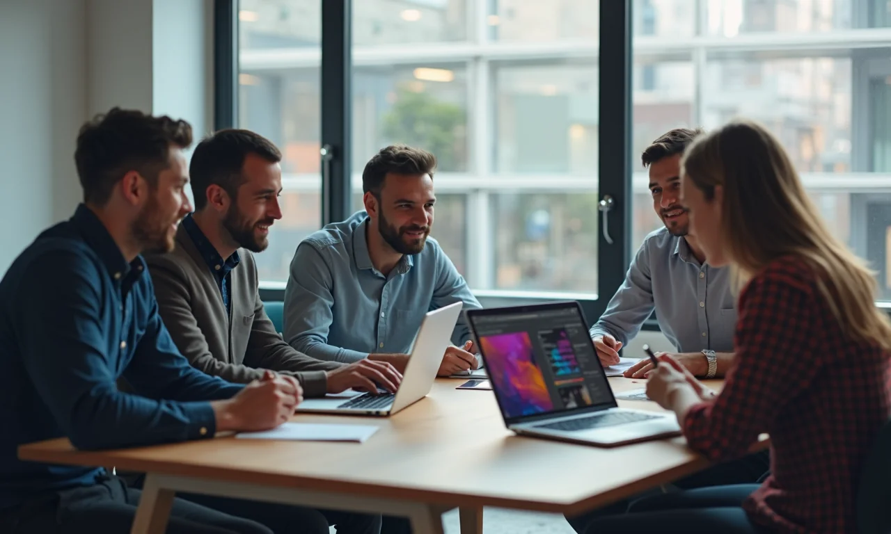 Tatlong magkakaibang developer ang nagtatalakay ng mga estratehiya sa pag-optimize ng imahe sa isang maliwanag na co-working space.