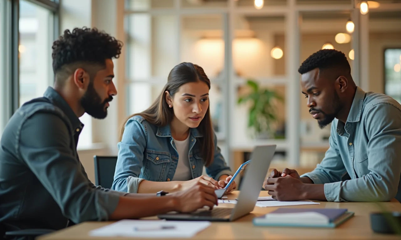 A diverse team of three professionals collaborating in a bright co-working space, focused on image optimization.