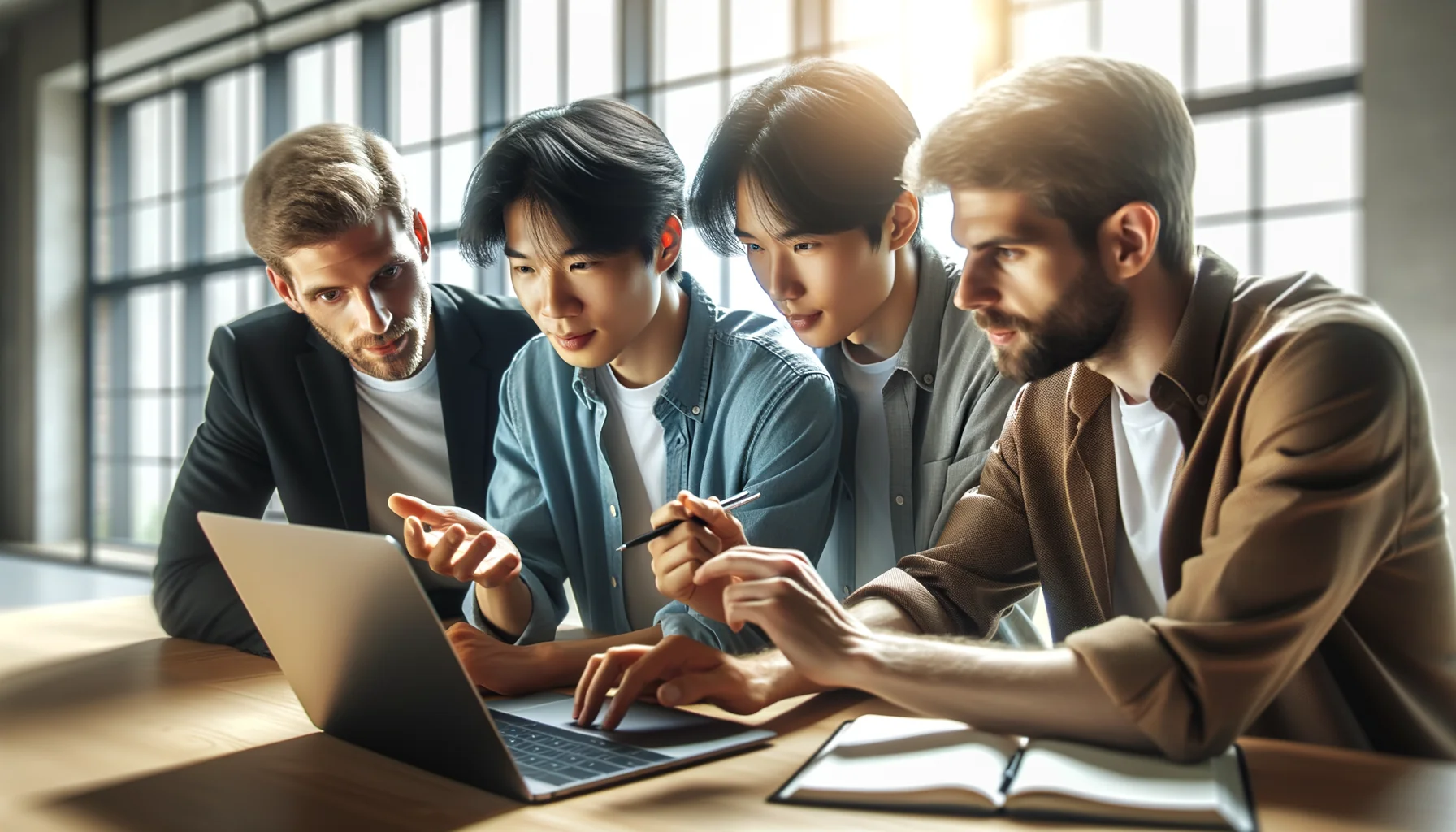 سه حرفهای از حوزههای مختلف در حال بحث درباره راهحلها پشت یک لپتاپ در یک دفتر مدرن و روشن.