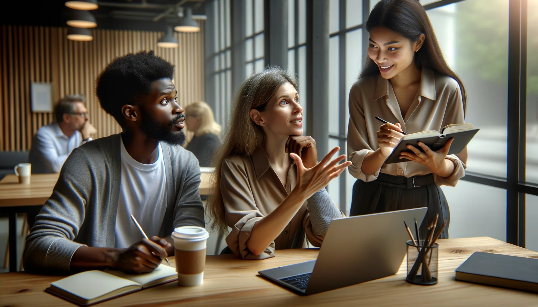 گروهی متنوع از حرفهای‌ها که در یک فضای کاری مشترک روشن همکاری می‌کنند.