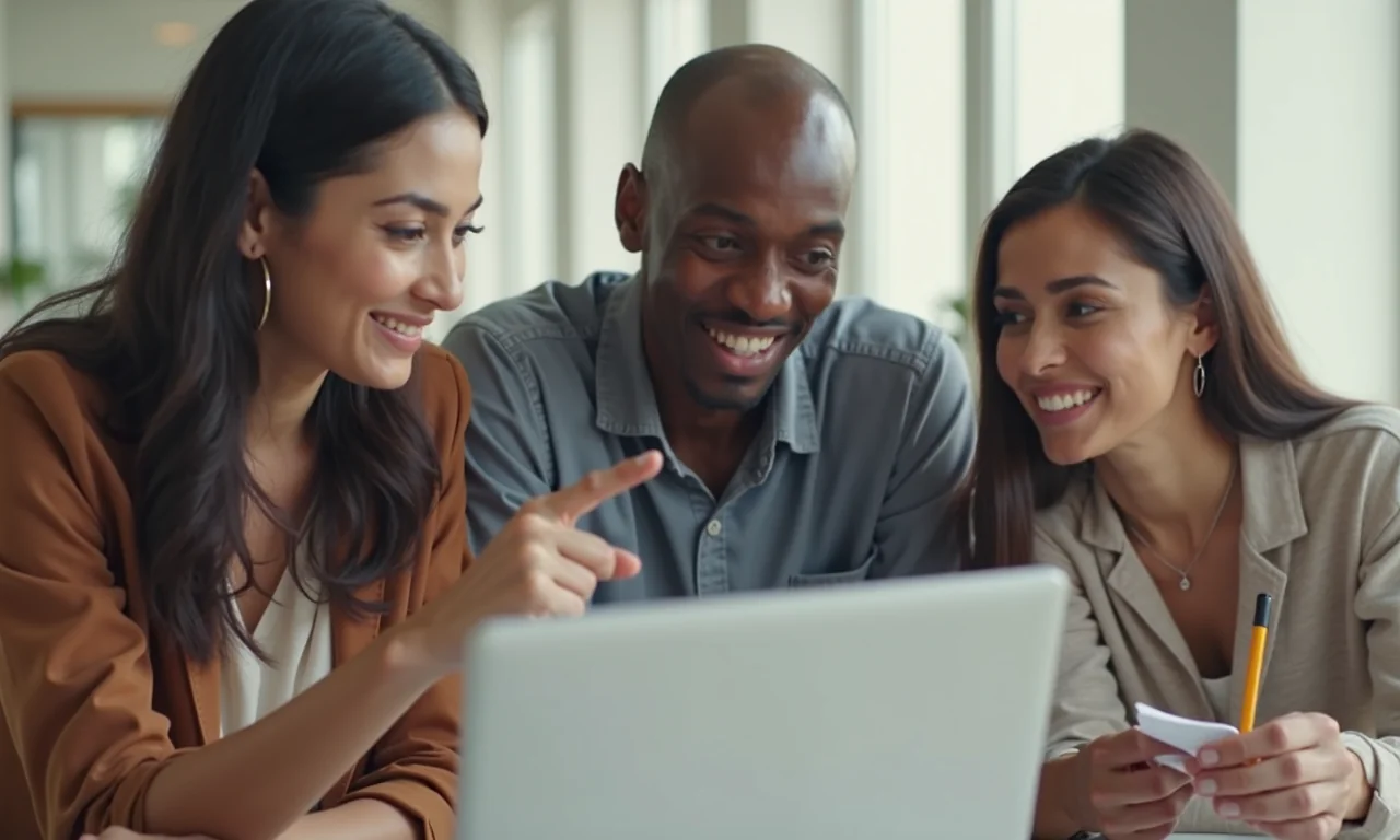 A diverse team collaborating at a laptop in a bright office environment, discussing live chat solutions.
