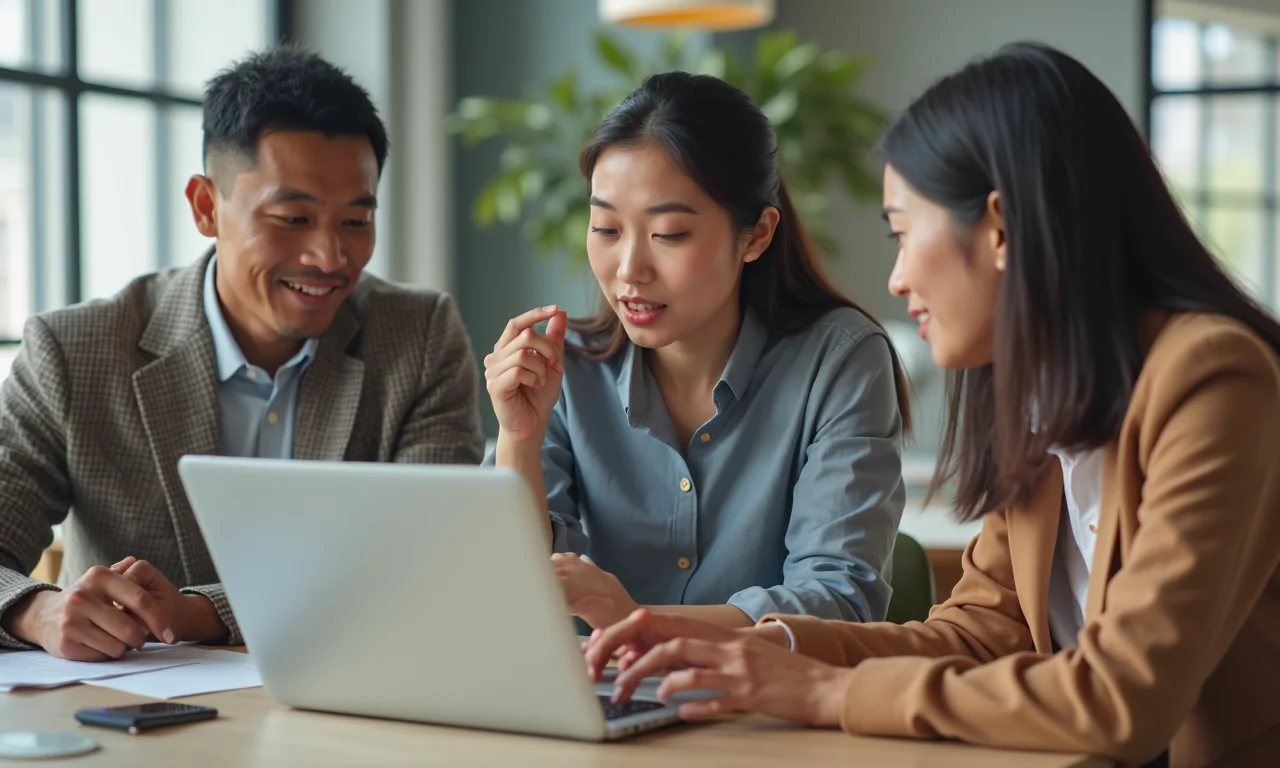 A diverse trio collaborates on a laptop in a bright co-working space, discussing translation technology.