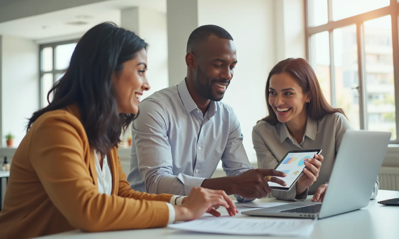 A diverse team discusses e-commerce analytics in a bright, modern co-working space.