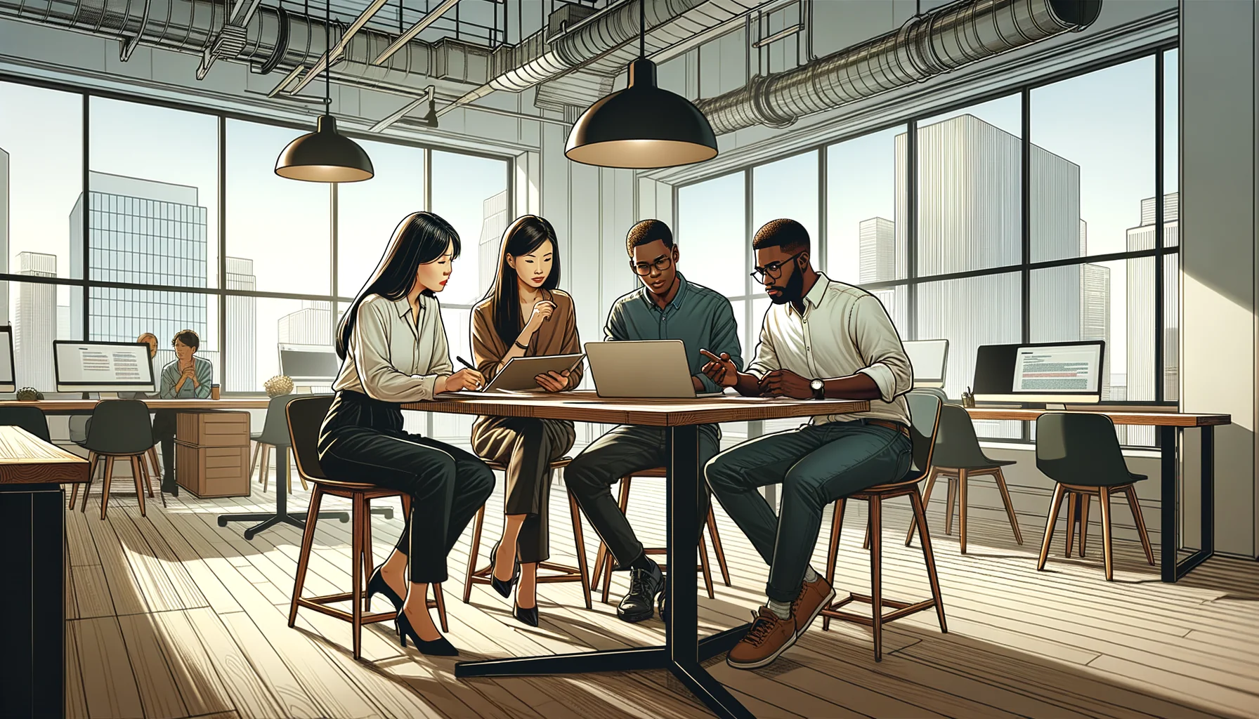 سه حرفهای متفاوت در یک فضای کاری مشترک روشن در حال همکاری و بحث درباره استراتژیهای ترجمه هستند.