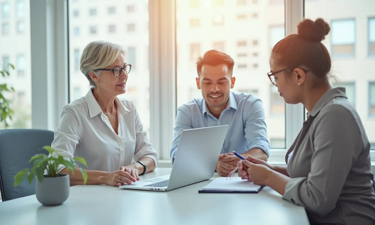 A diverse team in a bright office discussing data backup strategies at a modern workspace.