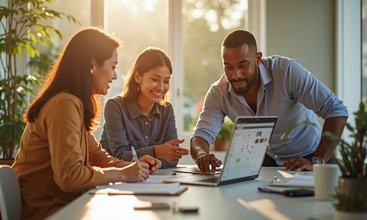 Een divers team werkt samen in een helder kantoor en bespreekt strategieën voor het aanpassen van live chat.