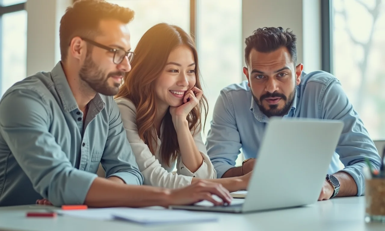 A diverse team of three discussing image optimization in a bright office with a laptop and natural light.