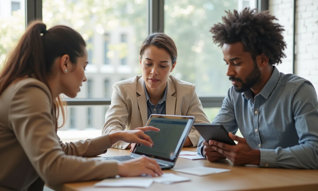 A diverse team collaborates in a bright co-working space, discussing workflows for translation projects.