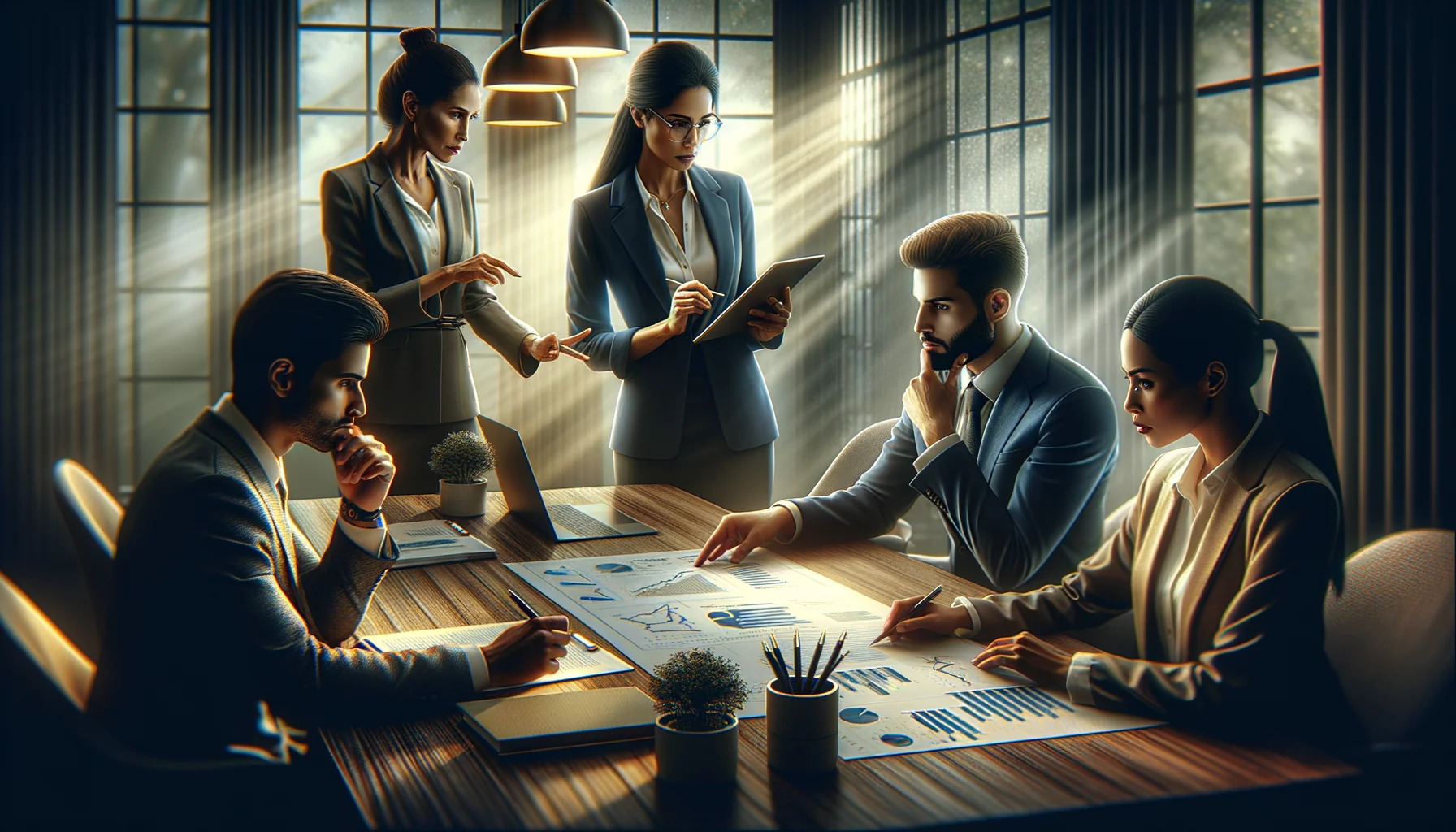 Beragam profesional dalam sebuah rapat mendiskusikan strategi pencadangan di lingkungan kantor modern.