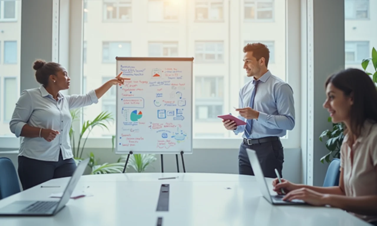 Een divers team dat samenwerkt in een helder kantoor, gefocust op een brainstormsessie aan een conferentietafel.