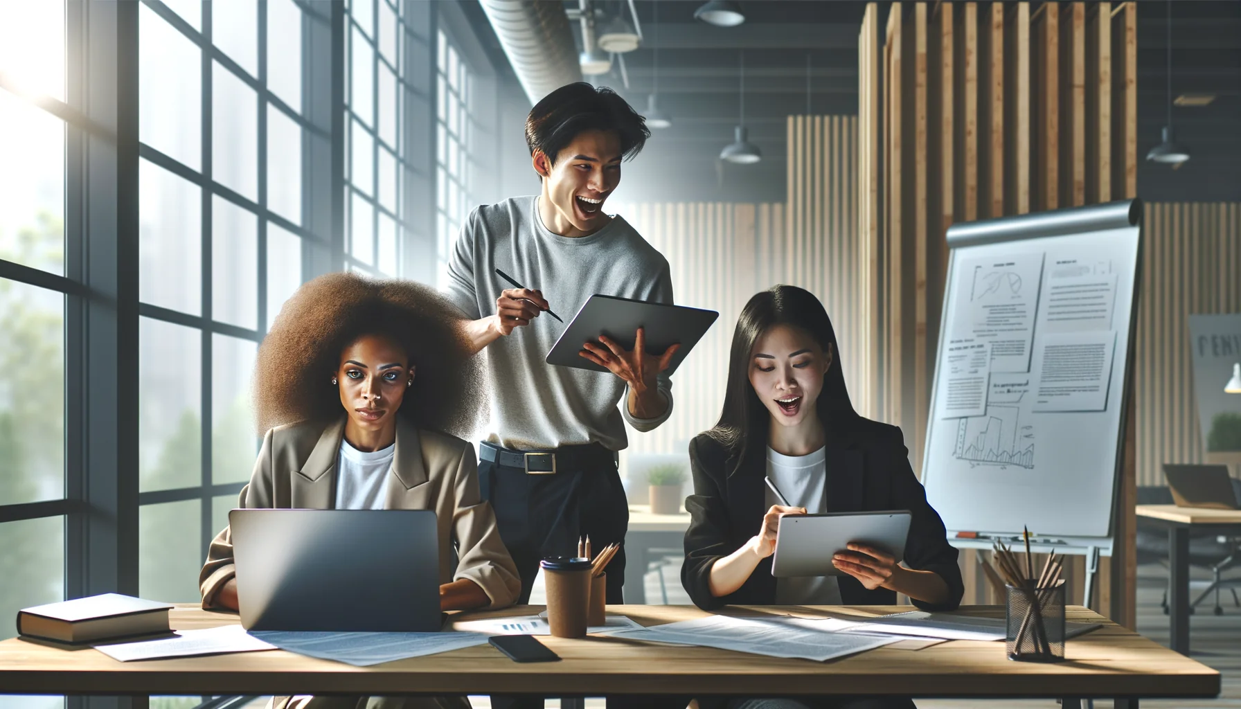 سه متخصص از حوزه‌های مختلف در یک فضای کاری مشترک روشن همکاری می‌کنند و درباره بینش‌های ترجمه ماشینی گفتگو می‌کنند.