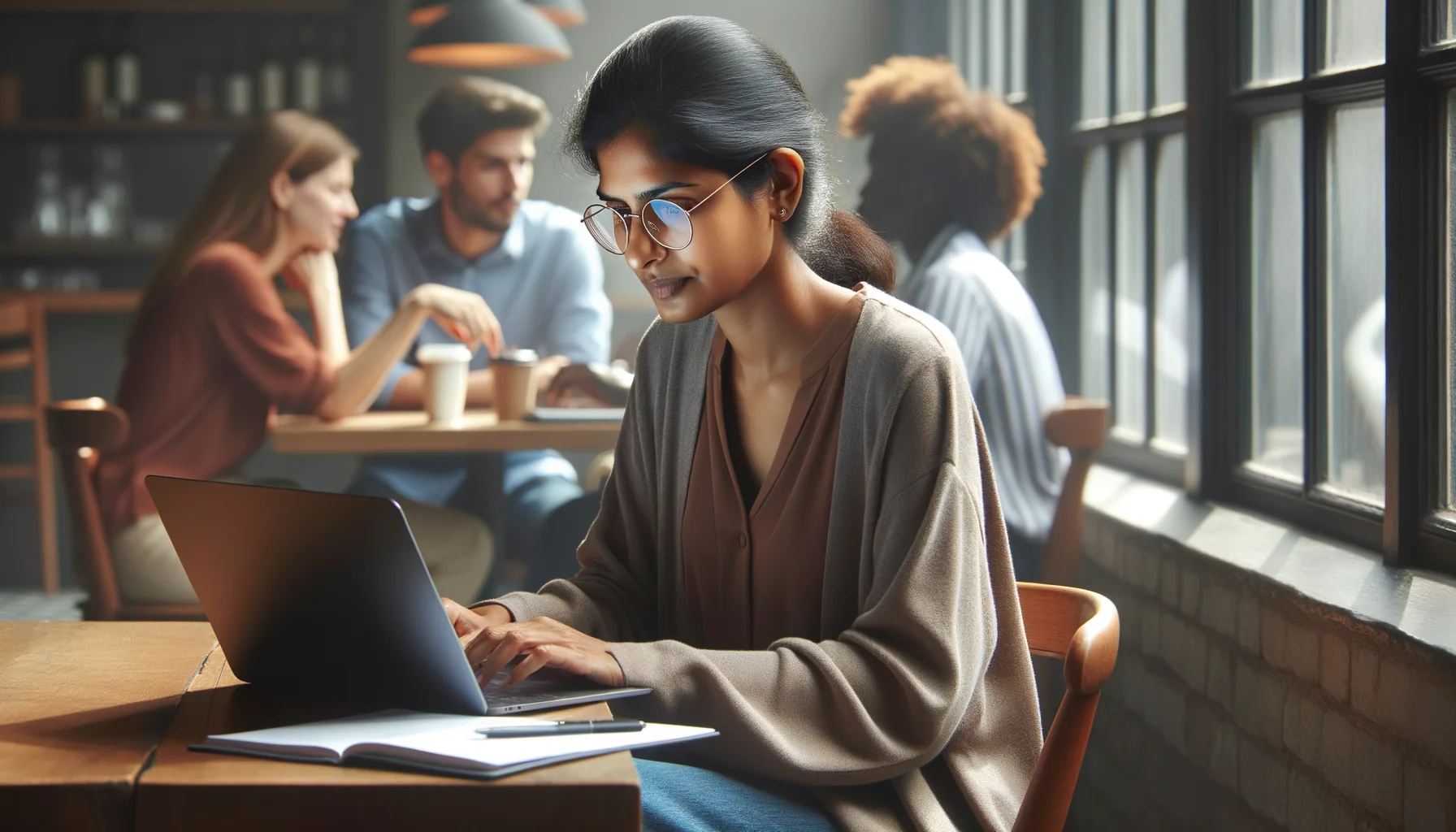 Uno sviluppatore sta risolvendo un problema con l'API Jetweb Translate in un accogliente caffè, con un team eterogeneo che collabora nelle vicinanze.
