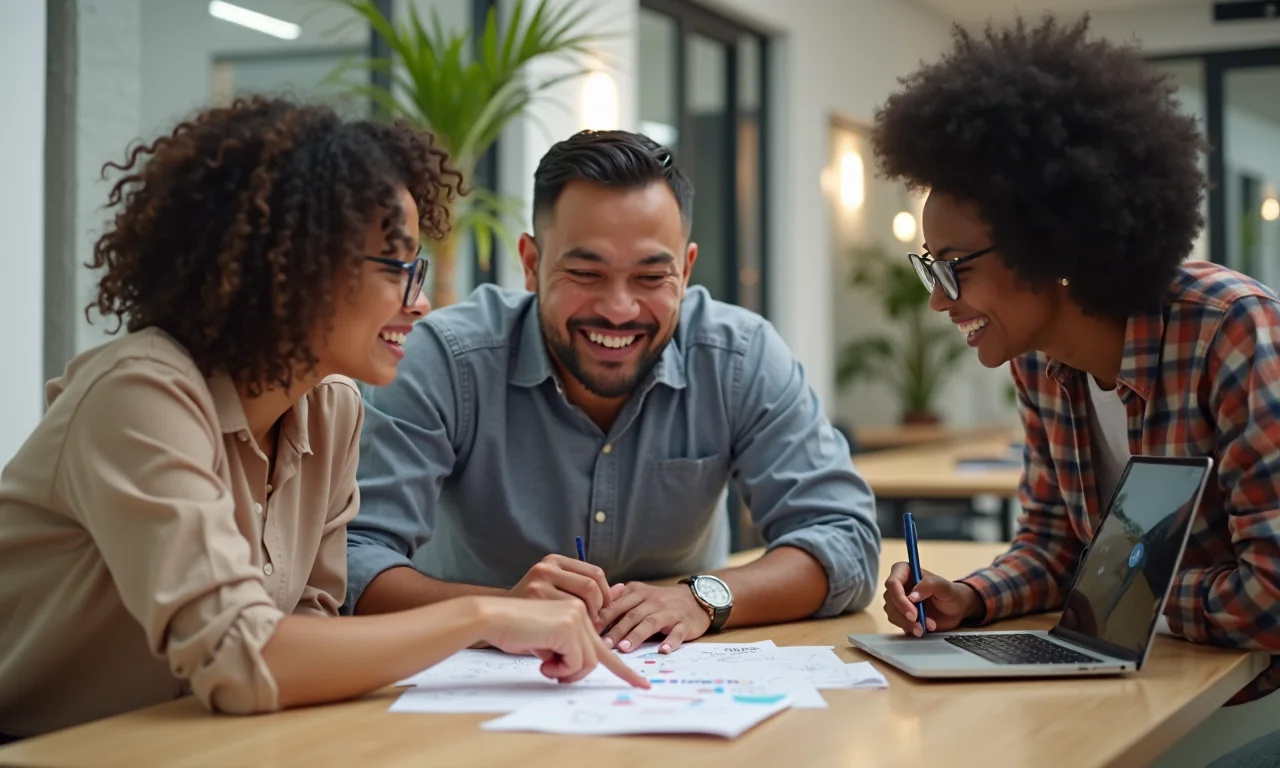 A diverse team collaborates in a bright co-working space, discussing user consent strategies over a laptop.